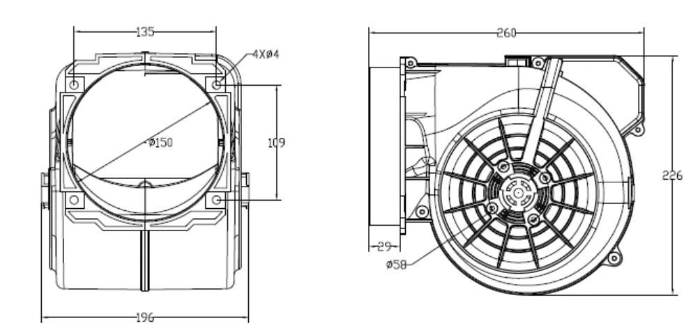 Product drawing of the centrifugal fan for range hood